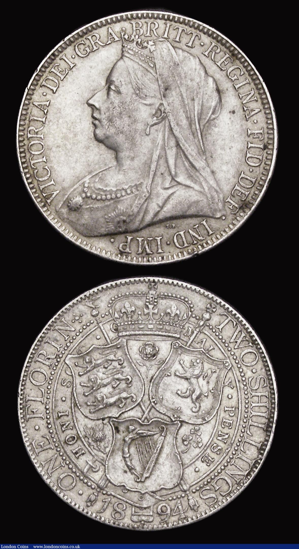 London Coins : A193 : Lot 1273 : Florins (2) 1849 ww obliterated Fine and 1894 nEF