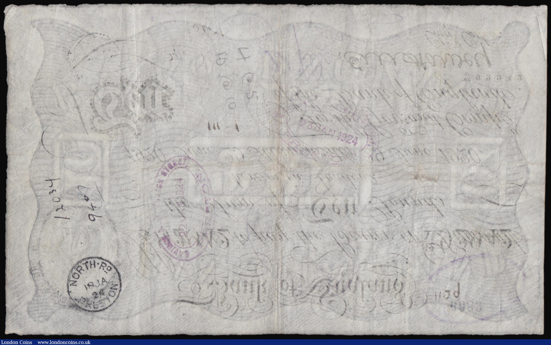 London Coins : A193 : Lot 13 : Ten Pounds Harvey white B209 dated 29th June 1920 series 62/V 92942, MANCHESTER branch issue, pinhol...