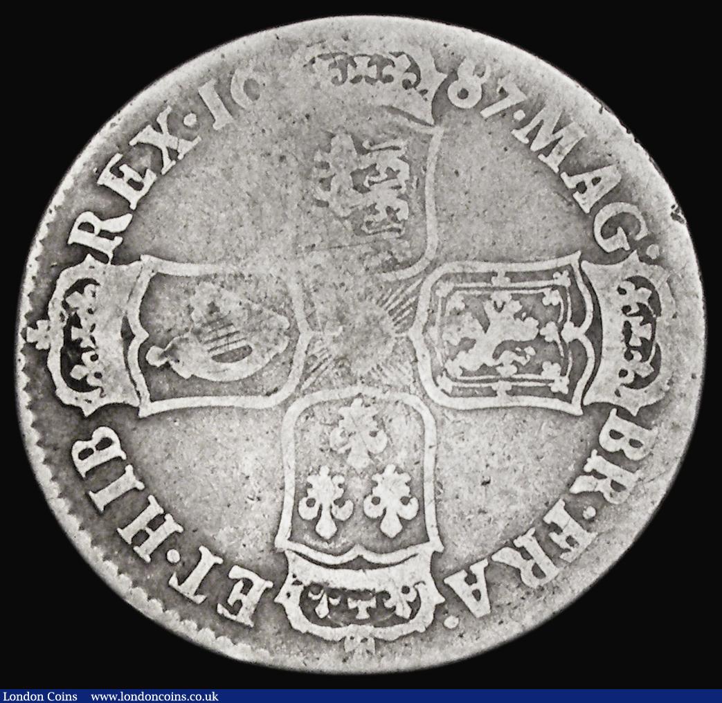 London Coins : A193 : Lot 1351 : Halfcrown 1687 TERTIO edge ESC 498, Bull 753 VG