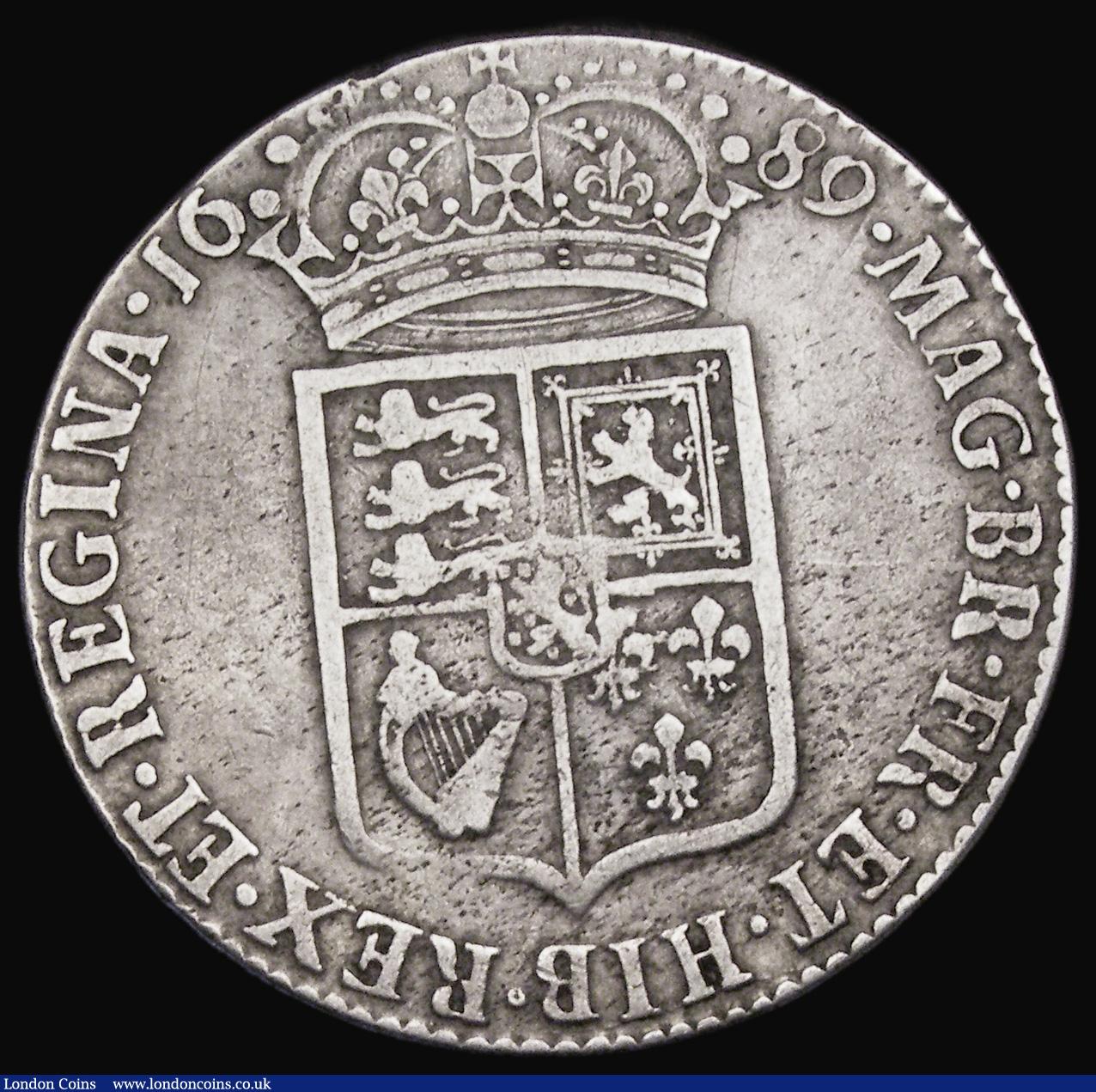 London Coins : A193 : Lot 1353 : Halfcrown 1689 First Shield Caul only frosted with pearls, ESC 505, Bull 831 bright Fine 