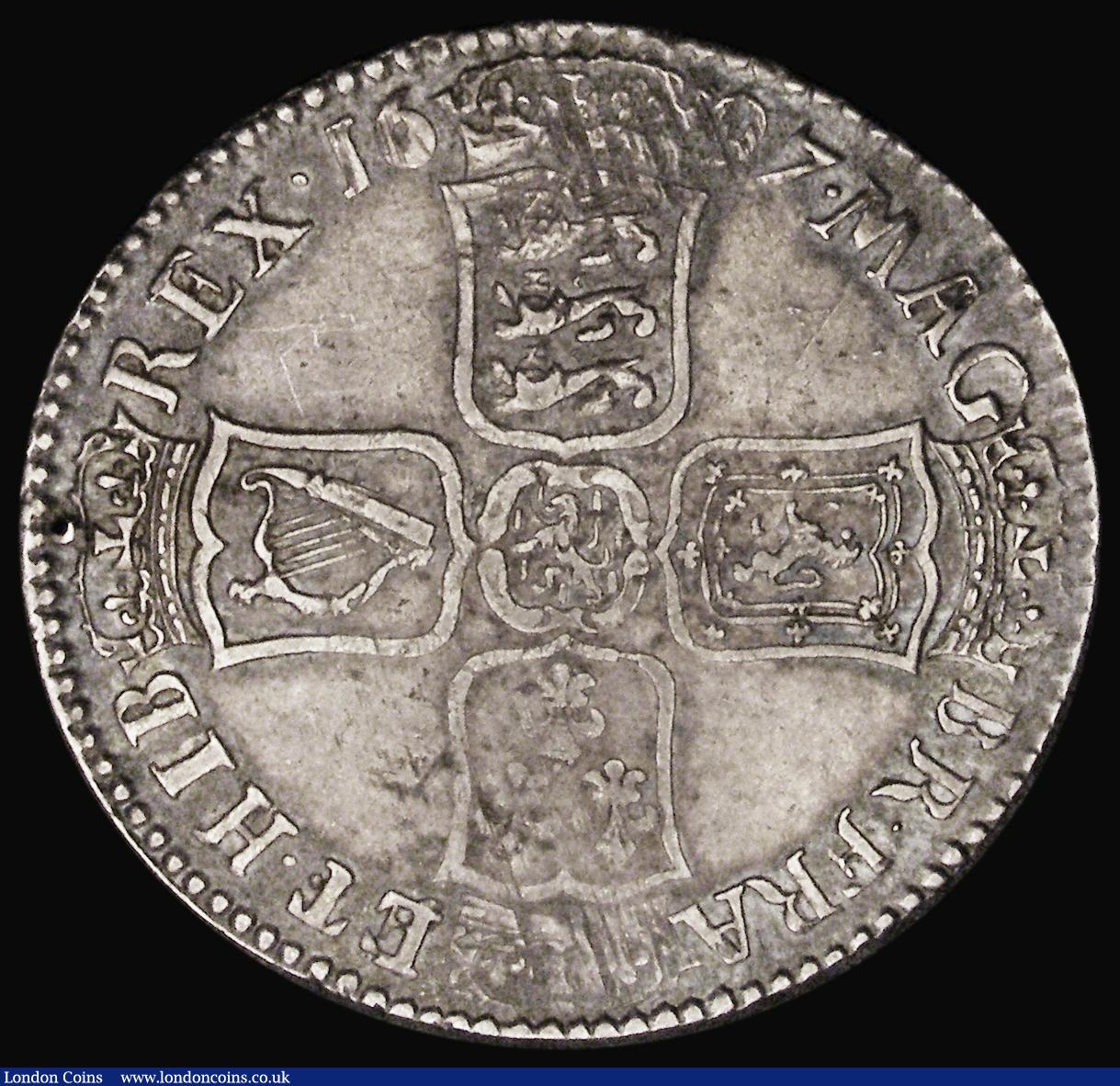 London Coins : A193 : Lot 1354 : Halfcrown 1697E Large Shields, Large Later Harp, NONO edge, ESC 547, Bull 1077 VF with adjustment li...