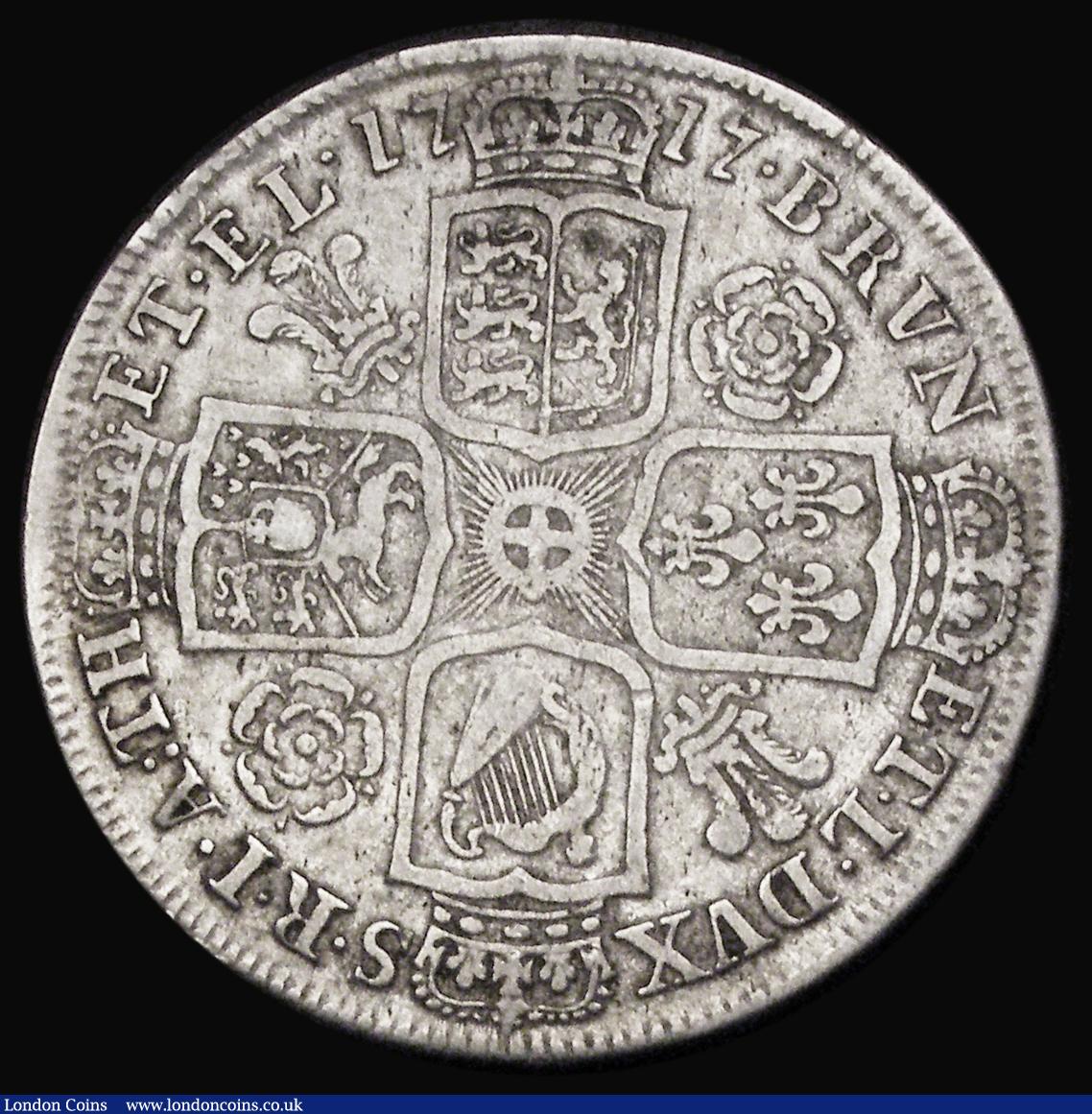 London Coins : A193 : Lot 1358 : Halfcrown 1717 Roses and Plumes TIRTIO edge ESC 589, Bull 1554, Fine