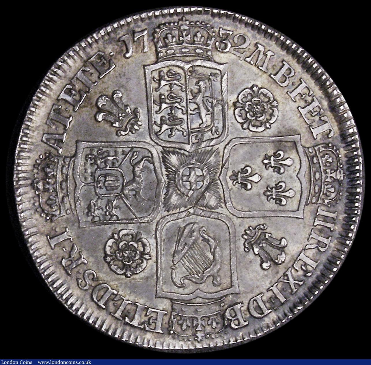 London Coins : A193 : Lot 1359 : Halfcrown 1732 Roses and Plumes ESC 596, Bull 1675 SEXTO edge richly toned EF or better with some mi...