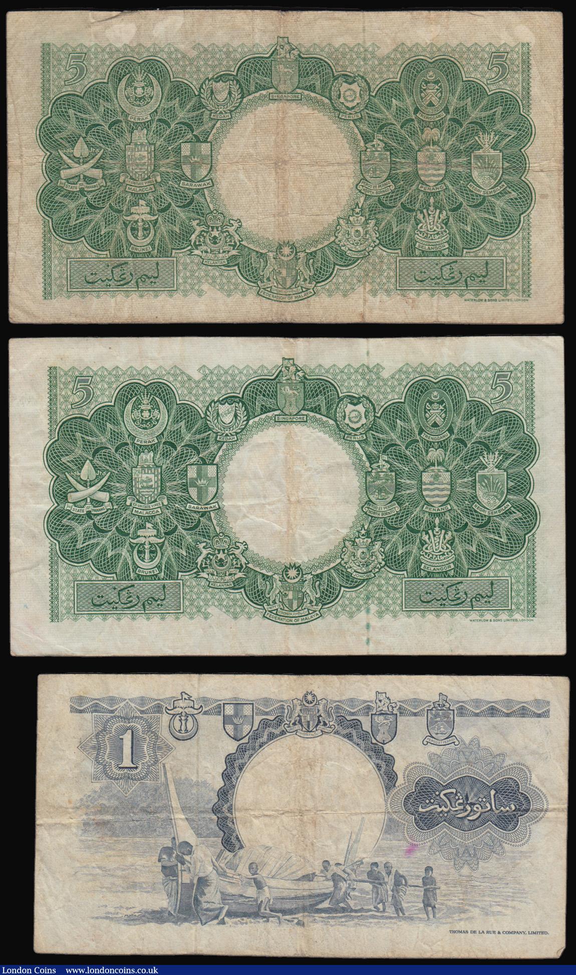 London Coins : A193 : Lot 136 : Malaya and British Borneo 5 Dollars green young QE II 21 March 1953 (2) prefix A/14 Fine and A/10 VF...