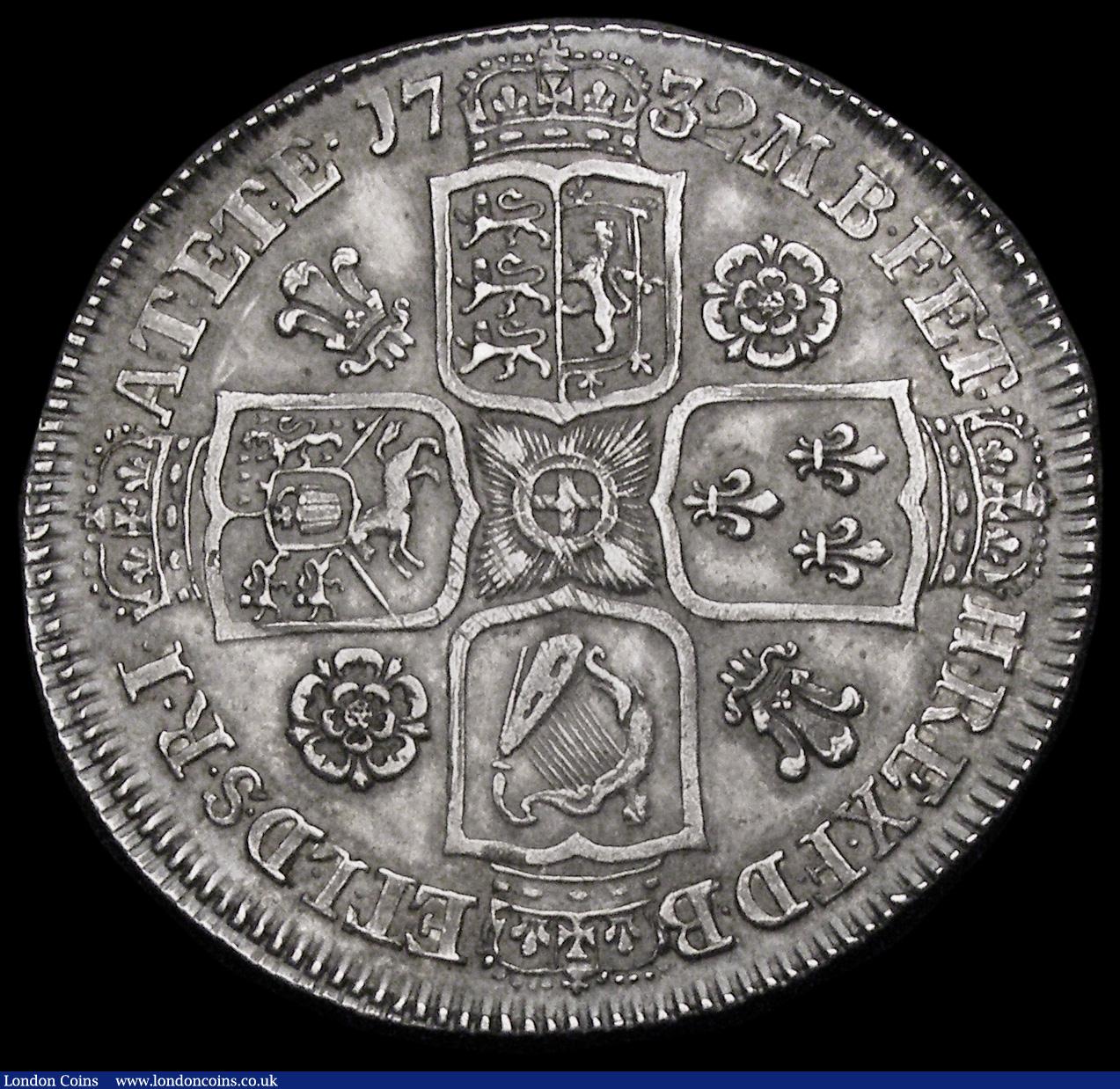 London Coins : A193 : Lot 1360 : Halfcrown 1732 Roses and Plumes ESC 596, Bull 1675 SEXTO EF or better with an even grey tone