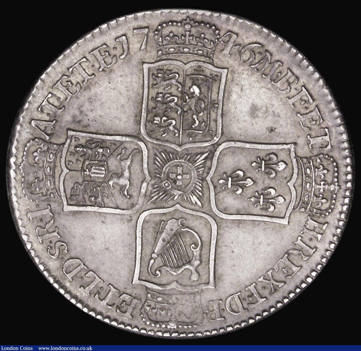 London Coins : A193 : Lot 1365 : Halfcrown 1746 LIMA ESC 606, Bull 1688 EF, with an attractive tone