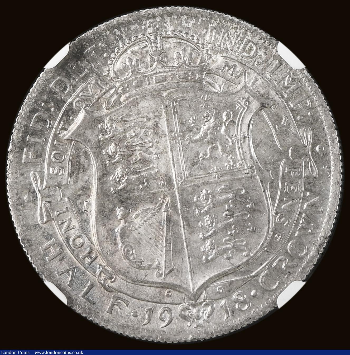 London Coins : A193 : Lot 1408 : Halfcrown 1918 ESC 765, Bull 3717 Lustrous UNC with a hints of golden tone, a well struck example gr...