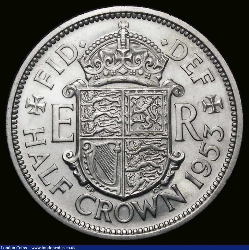 London Coins : A193 : Lot 1420 : Halfcrown 1953 Proof, Obverse 1, Reverse A, Davies 2310P, Bull 4350, the Proof version of the early ...