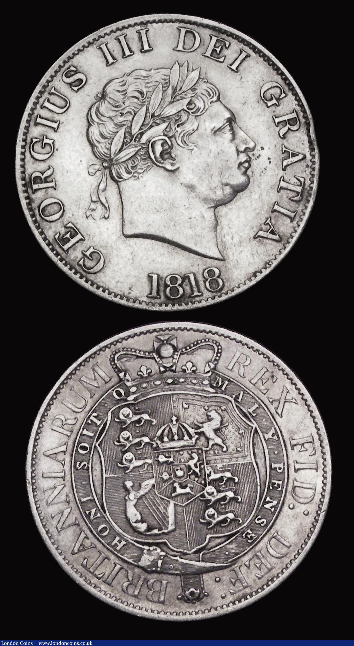 London Coins : A193 : Lot 1423 : Halfcrowns (2) 1816 bright VF and 1818 nEF a gentle edge bump and once cleaned