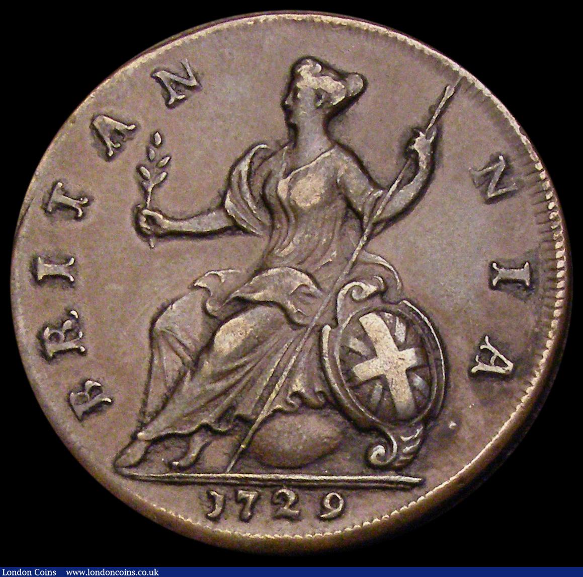 London Coins : A193 : Lot 1459 : Halfpenny 1729 Peck 830 (reverse stop faint but discernible) NEF well balanced and pleasing, some li...