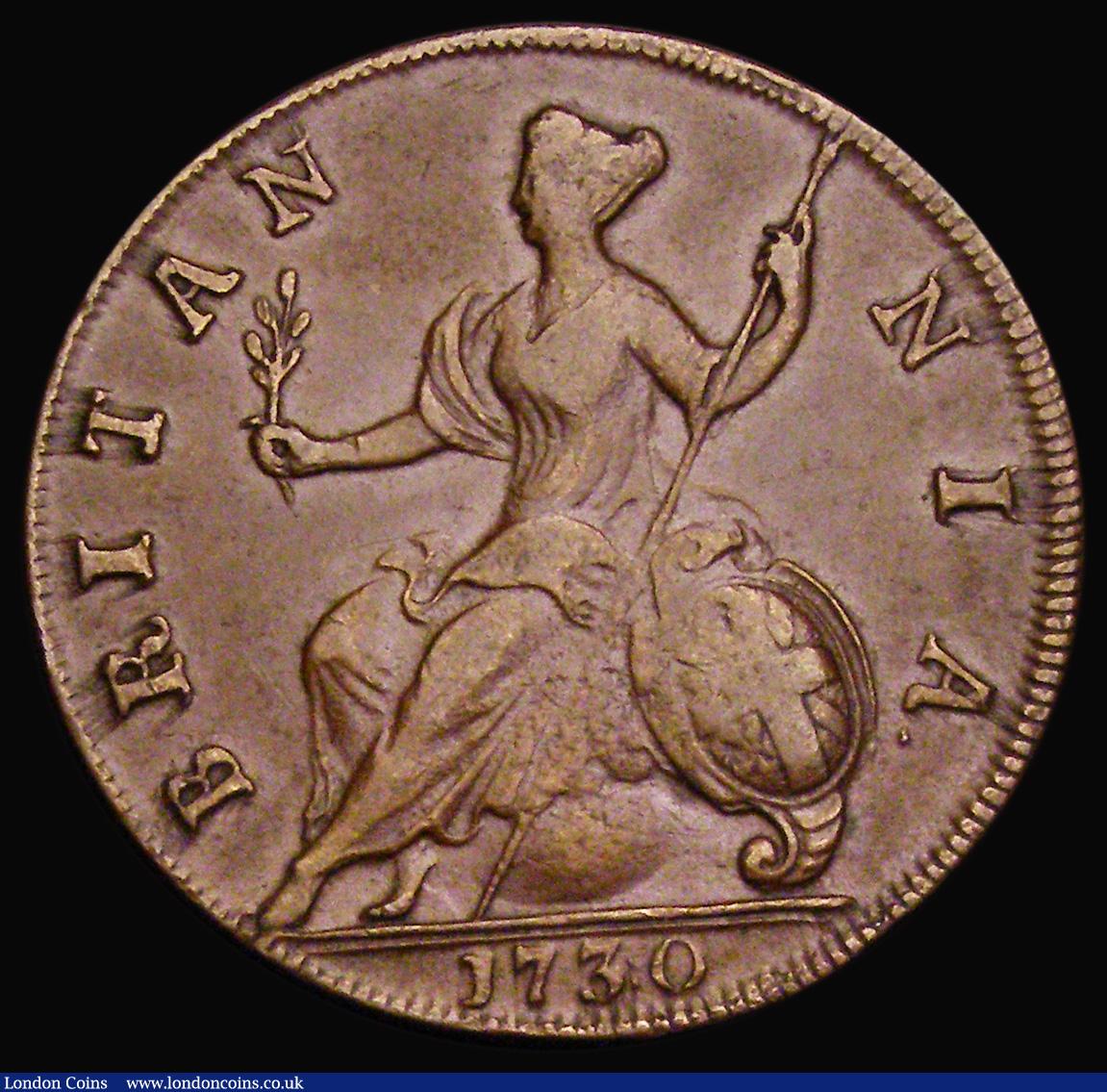 London Coins : A193 : Lot 1460 : Halfpenny 1730 GEOGIVS error Peck 837 VF with some thin scratches on the S of GEOGIVS