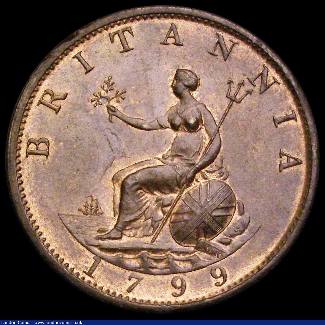 London Coins : A193 : Lot 1463 : Halfpenny 1799 5 Incuse gun ports Peck 1248 UNC with subdued lustre