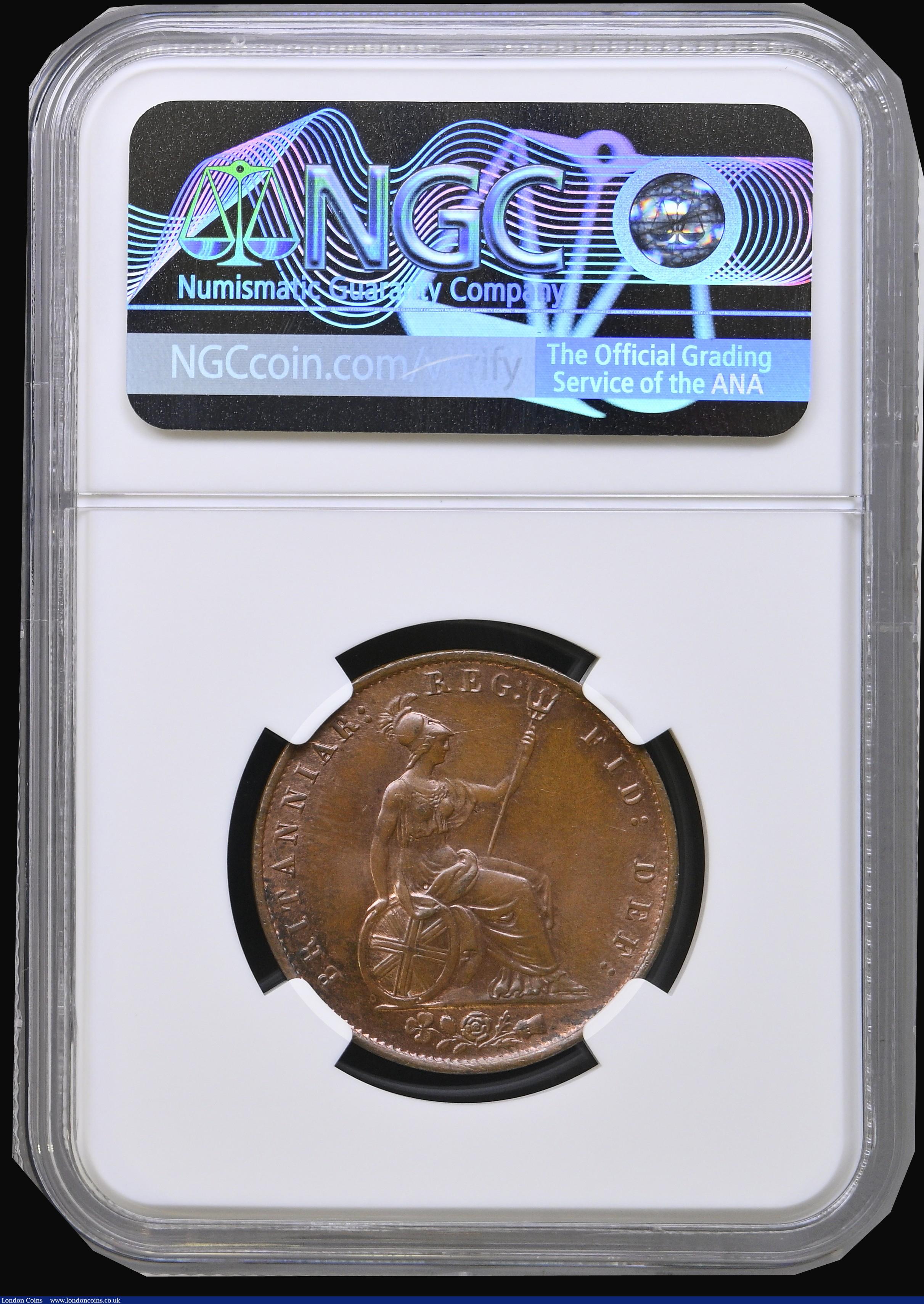 London Coins : A193 : Lot 1473 : Halfpenny 1853 Peck 1542 a sharply struck example with peripheral mint lustre in a NGC Holder at MS6...