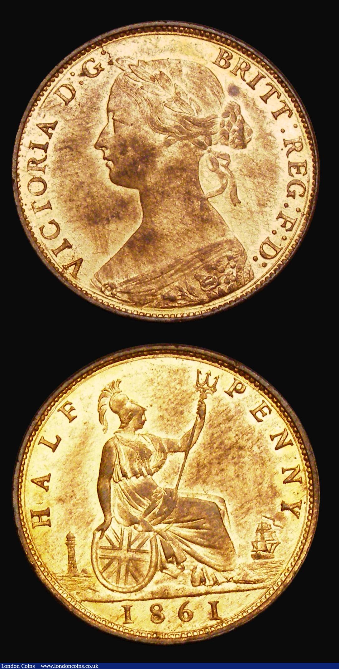 London Coins : A193 : Lot 1481 : Halfpenny 1861 Freeman 274 dies 5+E Lustrous Unc along with Halfpenny 1860 Toothed Border Freeman 26...