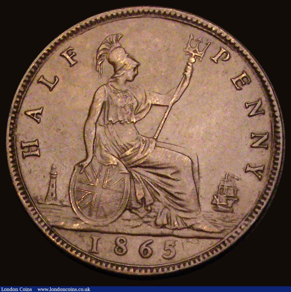 London Coins : A193 : Lot 1487 : Halfpenny 1865 5 over 3 Freeman 297 dies 7+G, NEF with some contact marks