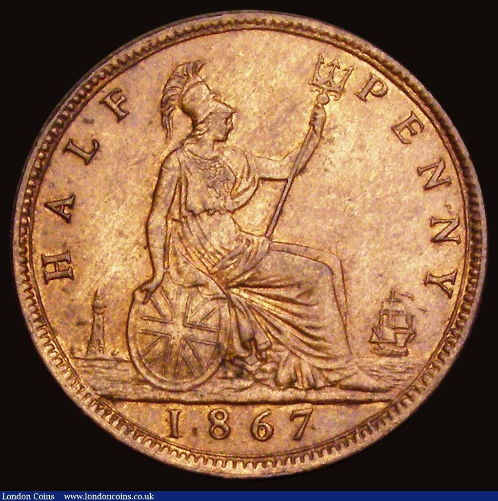 London Coins : A193 : Lot 1489 : Halfpenny 1867 Freeman 300 Dies 7+G EF with a toning spot on the Queen's cheek