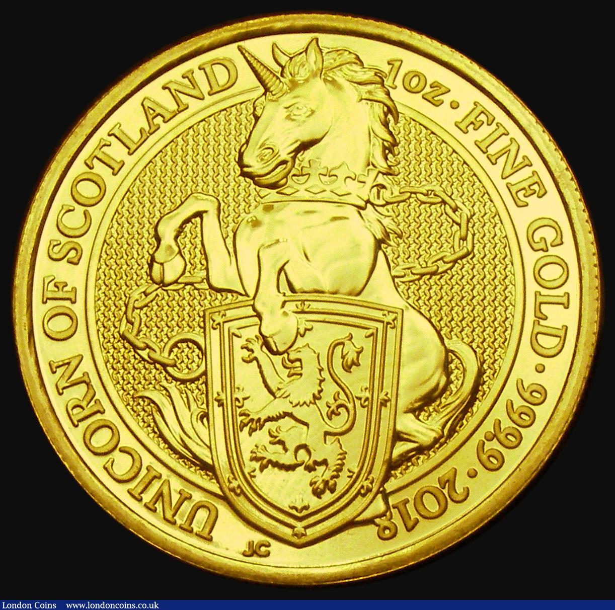 London Coins : A193 : Lot 1531 : One Hundred Pounds 2018 Gold One Ounce, Queen's Beasts - Unicorn of Scotland. BU with full mint...