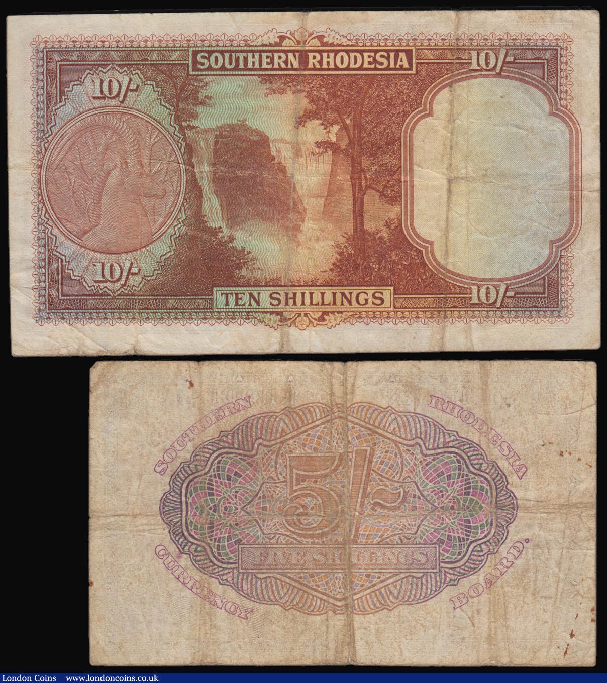 London Coins : A193 : Lot 155 : Southern Rhodesia George VI portrait (2),10 shillings dated 1st March 1944,  Pick9b and 5 shillings ...