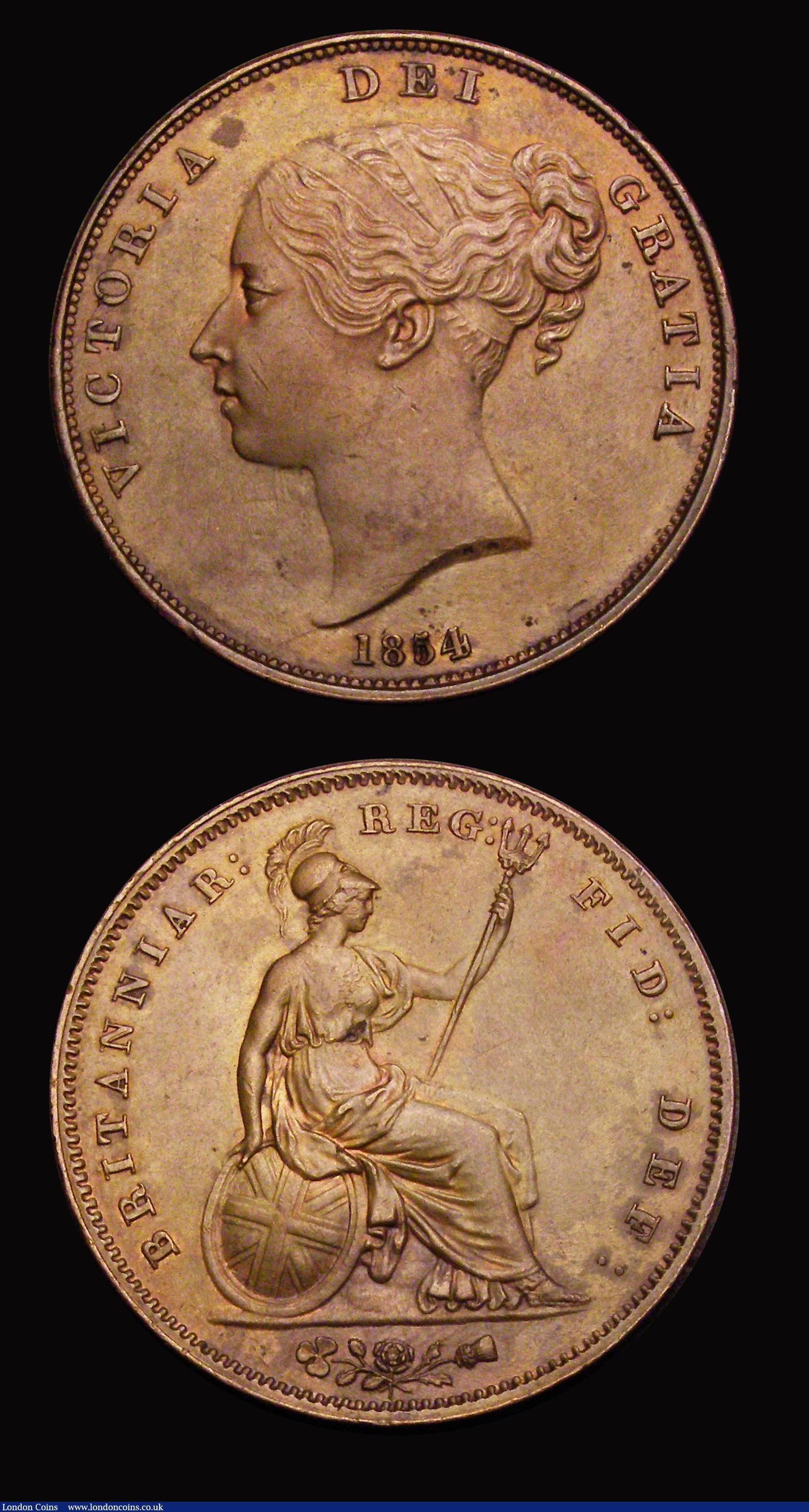 London Coins : A193 : Lot 1551 : Penny 1841 REG No Colon Peck 1484 Chocolate AU and Penny 1854 Plain Trident Peck 1506 EF or better