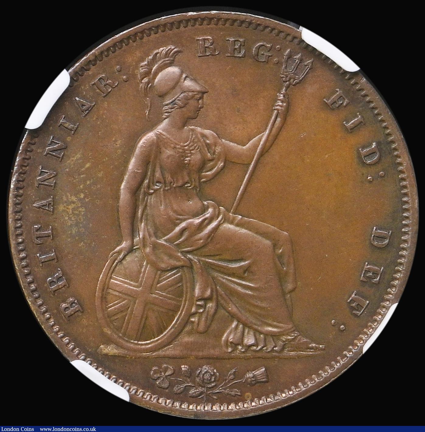 London Coins : A193 : Lot 1556 : Penny 1853 Ornamental Trident Peck 1500 Chocolate UNC in a NGC Holder UNC DETAILS CLEANED
