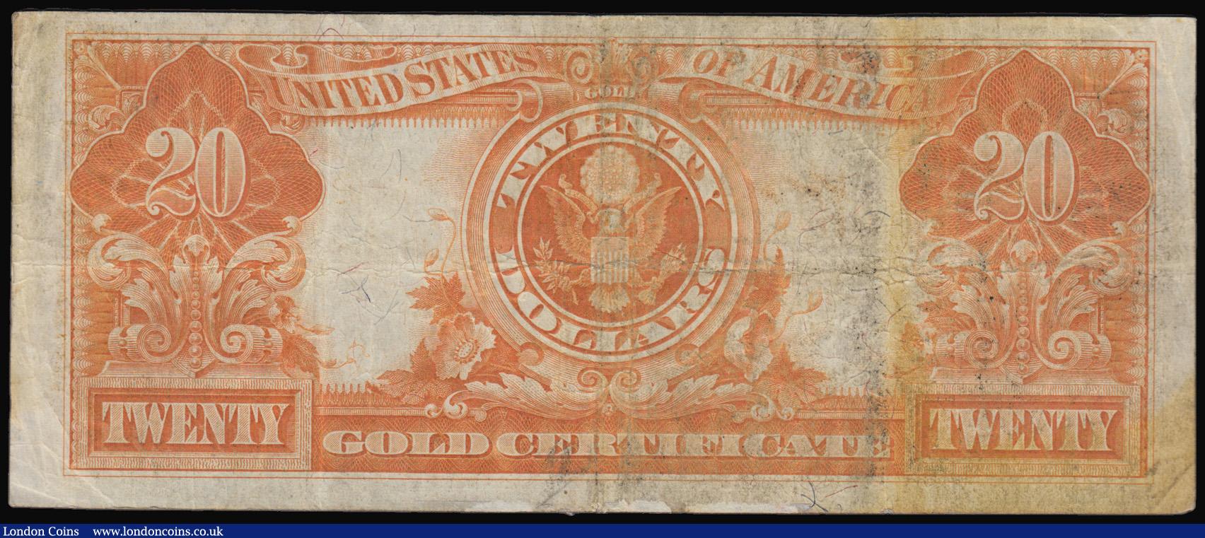 London Coins : A193 : Lot 156 : USA 20 Dollars Gold Certificate dated 1922 series K60440983, Speelman & White signatures, Pick27...