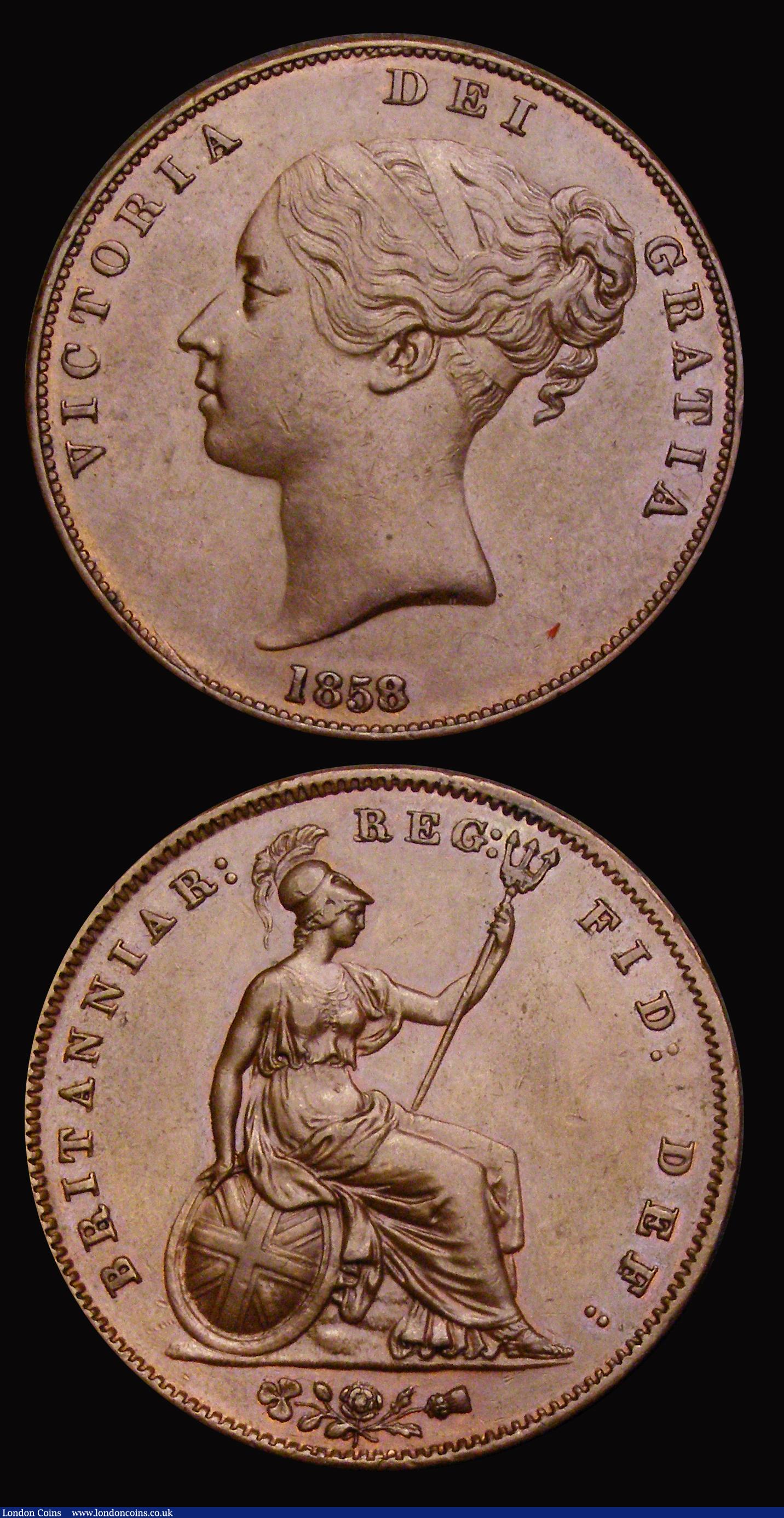 London Coins : A193 : Lot 1562 : Penny 1858 No WW Peck 1518 AU and toned and 1858 with 8 over 3 EF