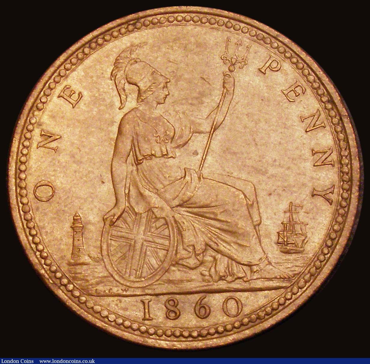 London Coins : A193 : Lot 1564 : Penny 1860 Beaded Border Freeman 6 dies 1+B with three lines on the shield EF once cleaned