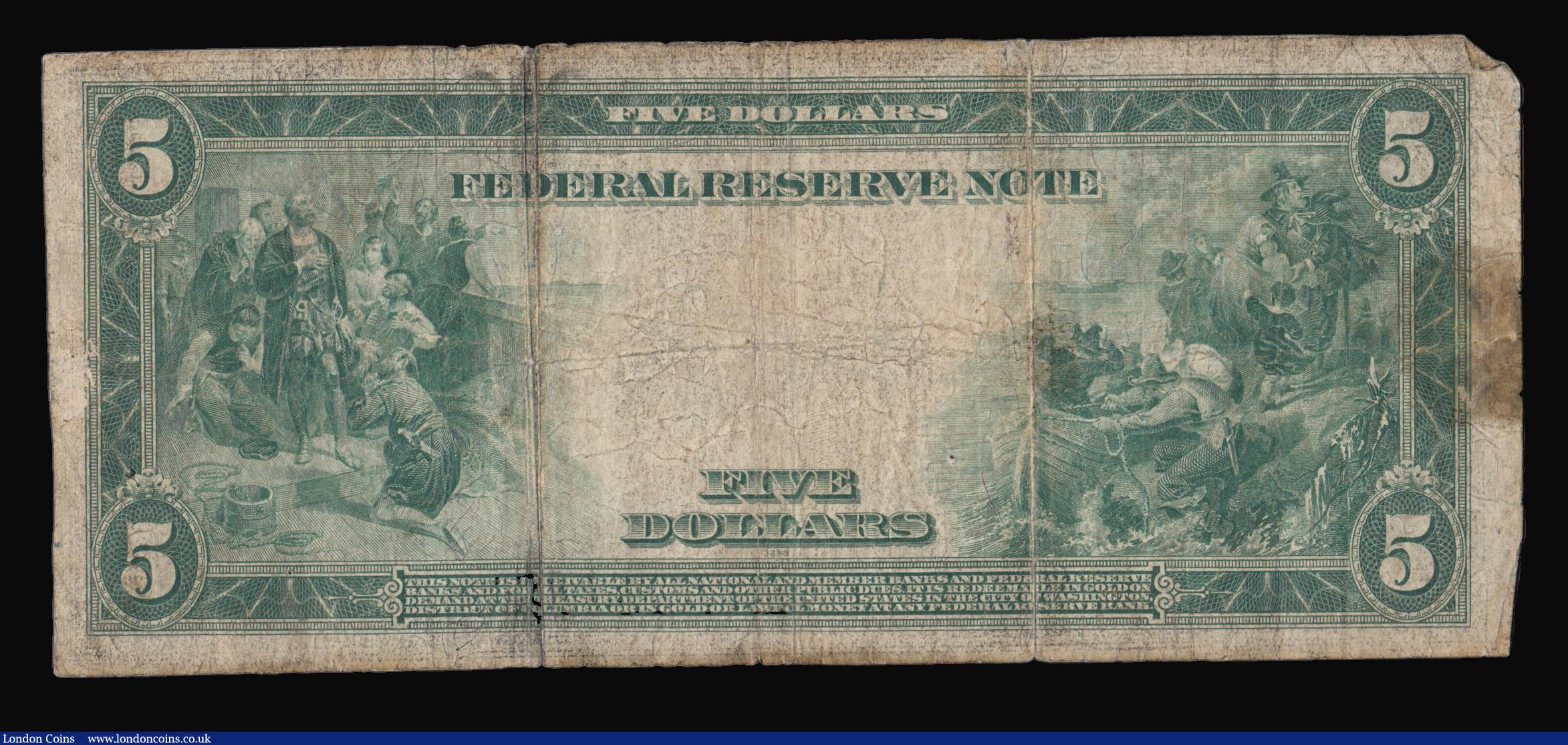 London Coins : A193 : Lot 157 : USA 5 Dollars Federal Reserve Note December 23 1913 blue seal and blue S/N B98575114B about Fine sma...