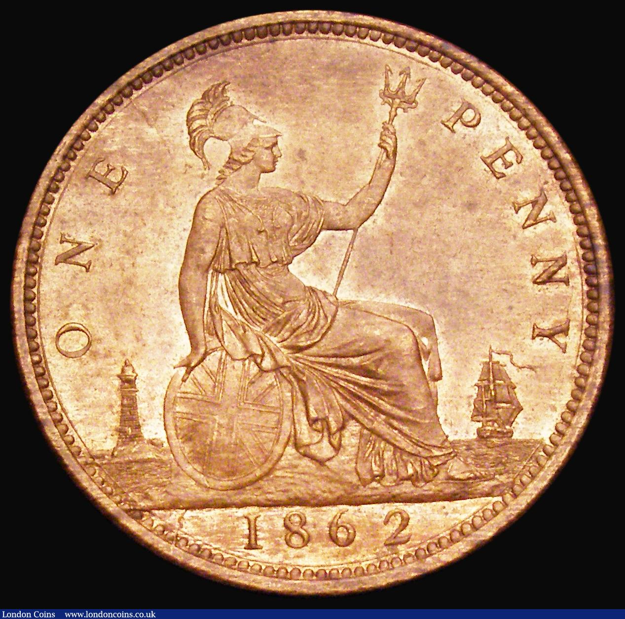London Coins : A193 : Lot 1579 : Penny 1862 dies 6+G from an old collection attributed back then as Bronze Proof Freeman 40 R18. Unc ...