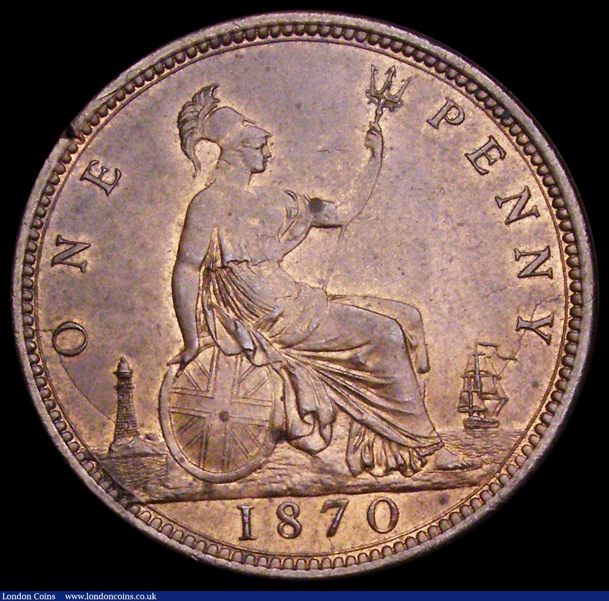 London Coins : A193 : Lot 1592 : Penny 1870 Freeman 60 dies 6+G UNC with traces of lustre, rare thus and with a small striking fault ...