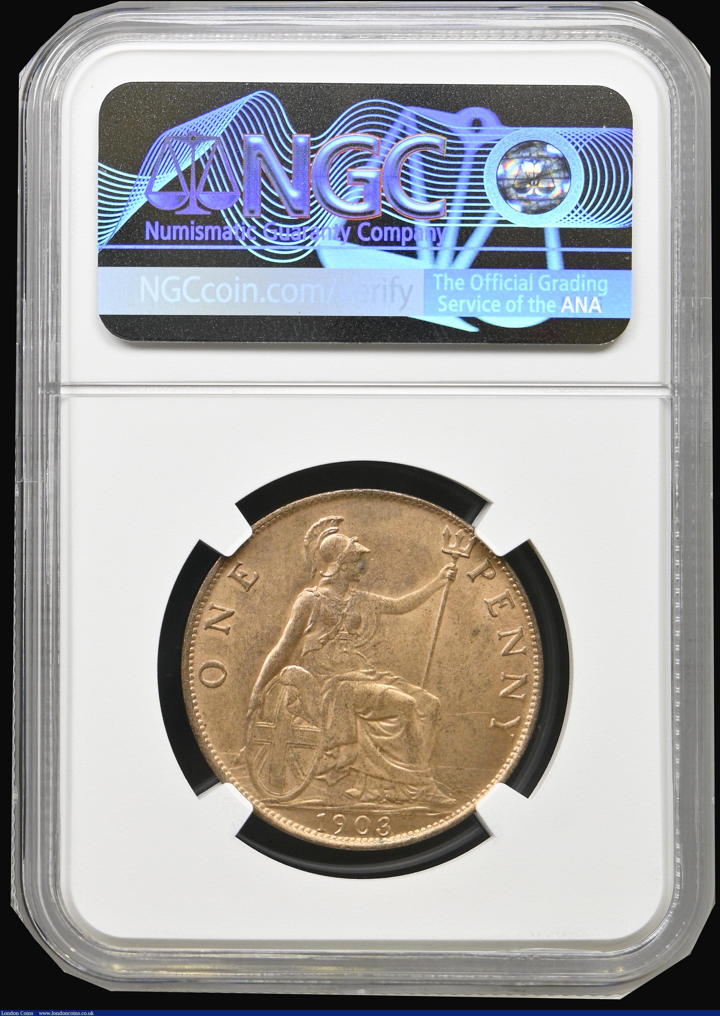 London Coins : A193 : Lot 1640 : Penny 1903 Freeman 158 dies 1+B in an NGC holder and graded MS64 RB (near full slightly subdued lust...