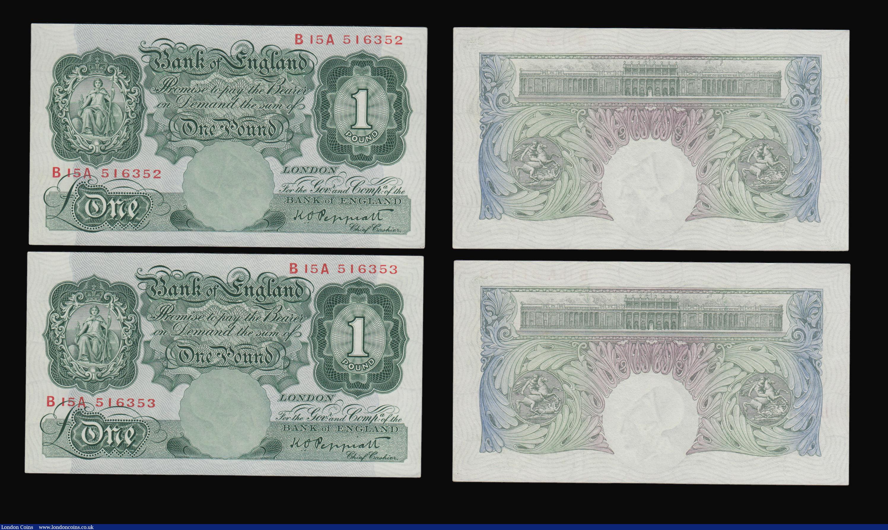 London Coins : A193 : Lot 19 : One Pound Peppiatt B239 issued 1934, consecutives (5) B15A 516349 to 516353 AU-Unc one with a very l...