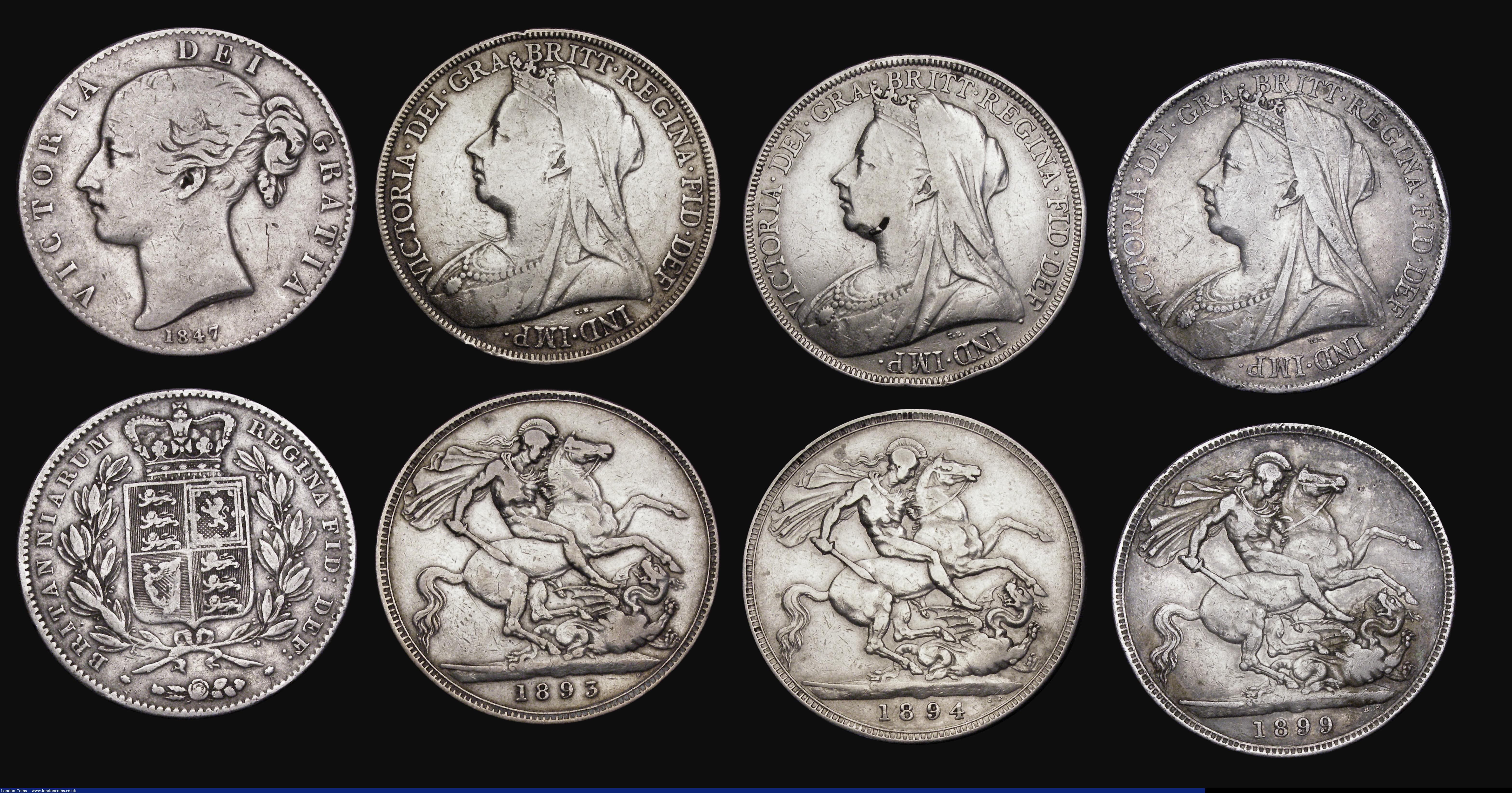 London Coins : A193 : Lot 2059 : Crowns (8) 1821, 1822 (2), 1845, 1847, 1893, 1894, 1899 generally Fine or better but most with some ...