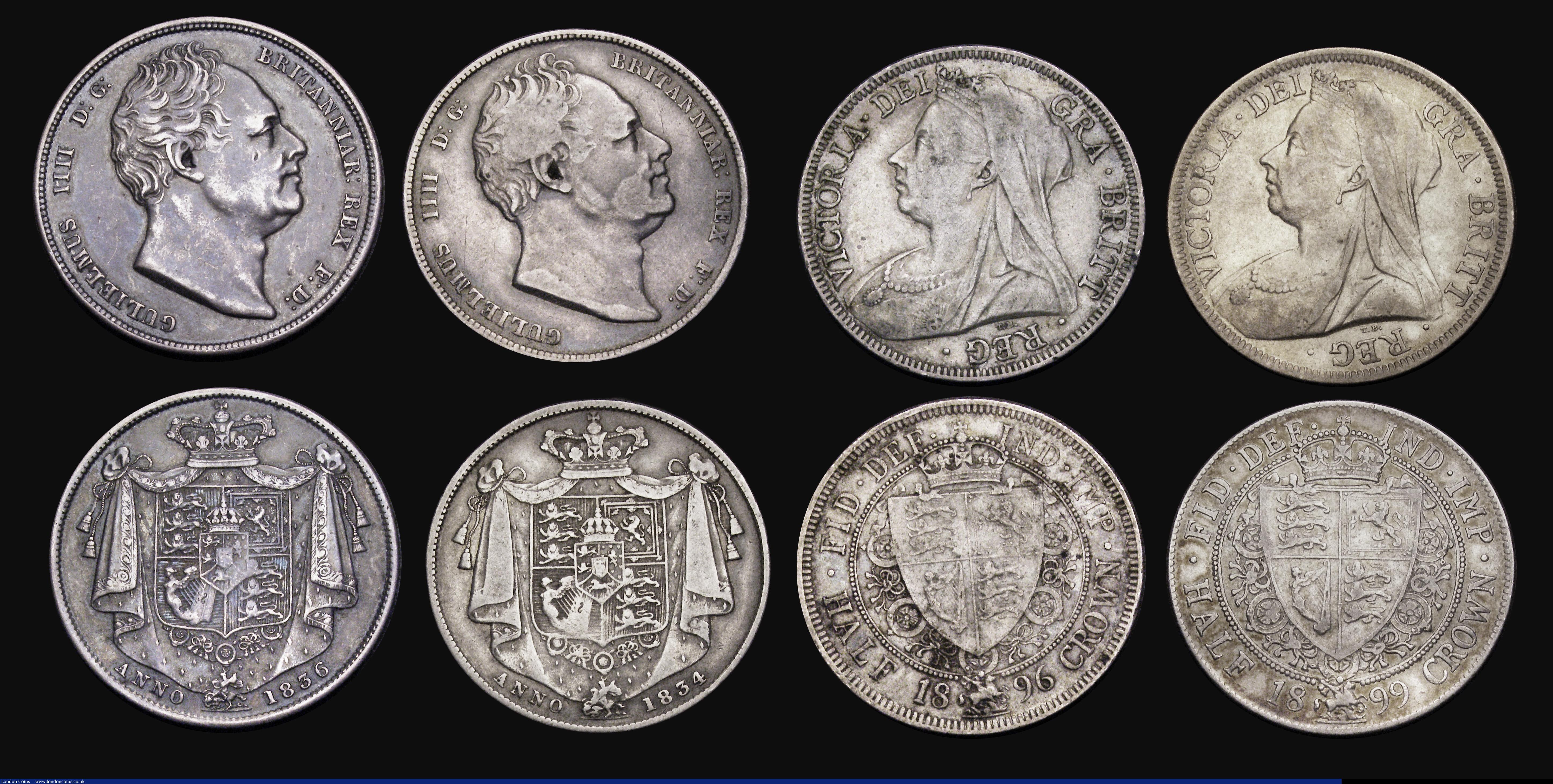 London Coins : A193 : Lot 2117 : Halfcrowns 1817, 1819, 1826, 1826, 1834, 1836, 1896, 1899 collectable bold Fine - VF