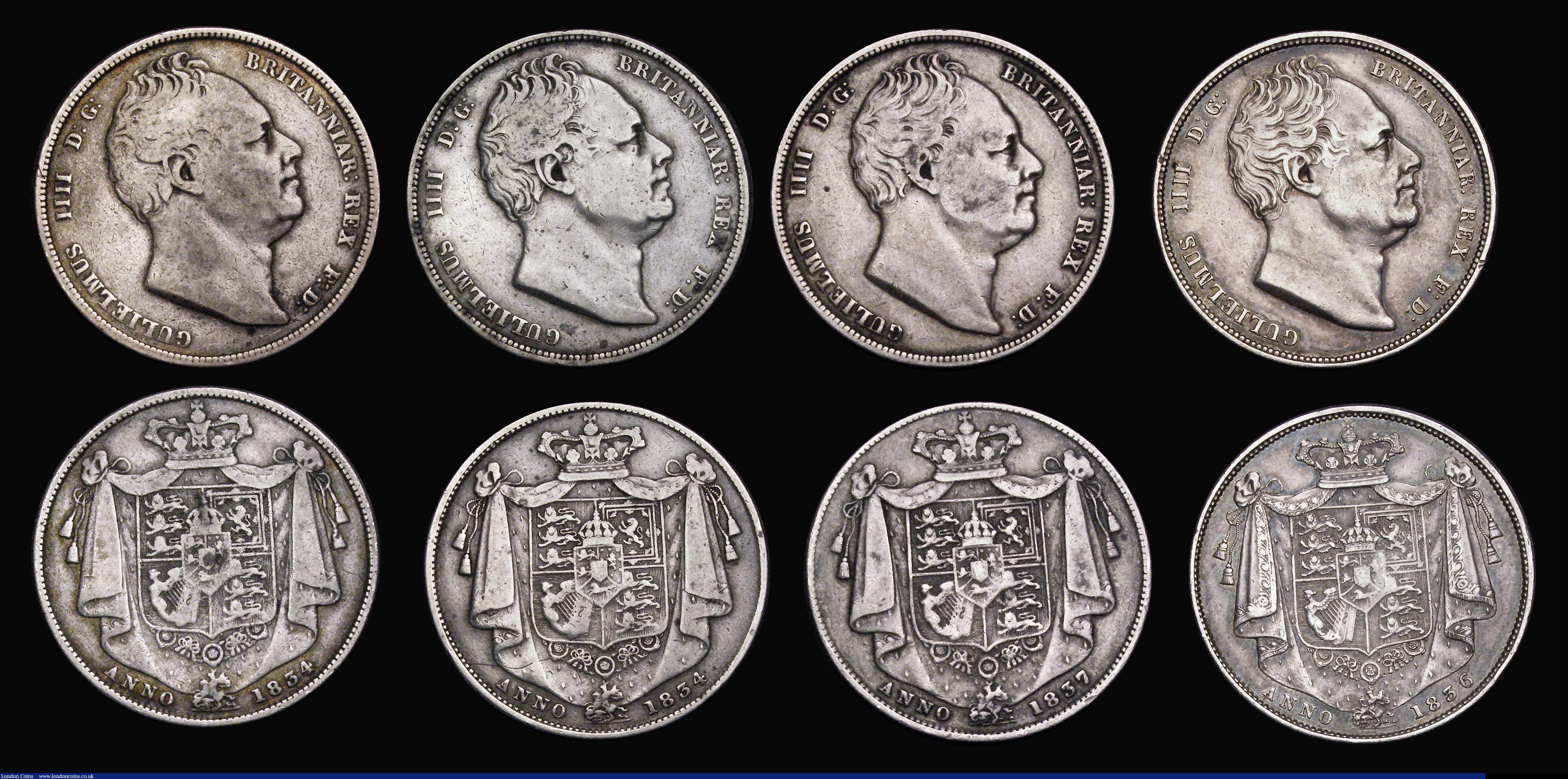 London Coins : A193 : Lot 2119 : Halfcrowns 1819 VF, 1820 George IV Fine, 1823 Shield in Garter VF, 1825 Fine,  1834 both types scrip...