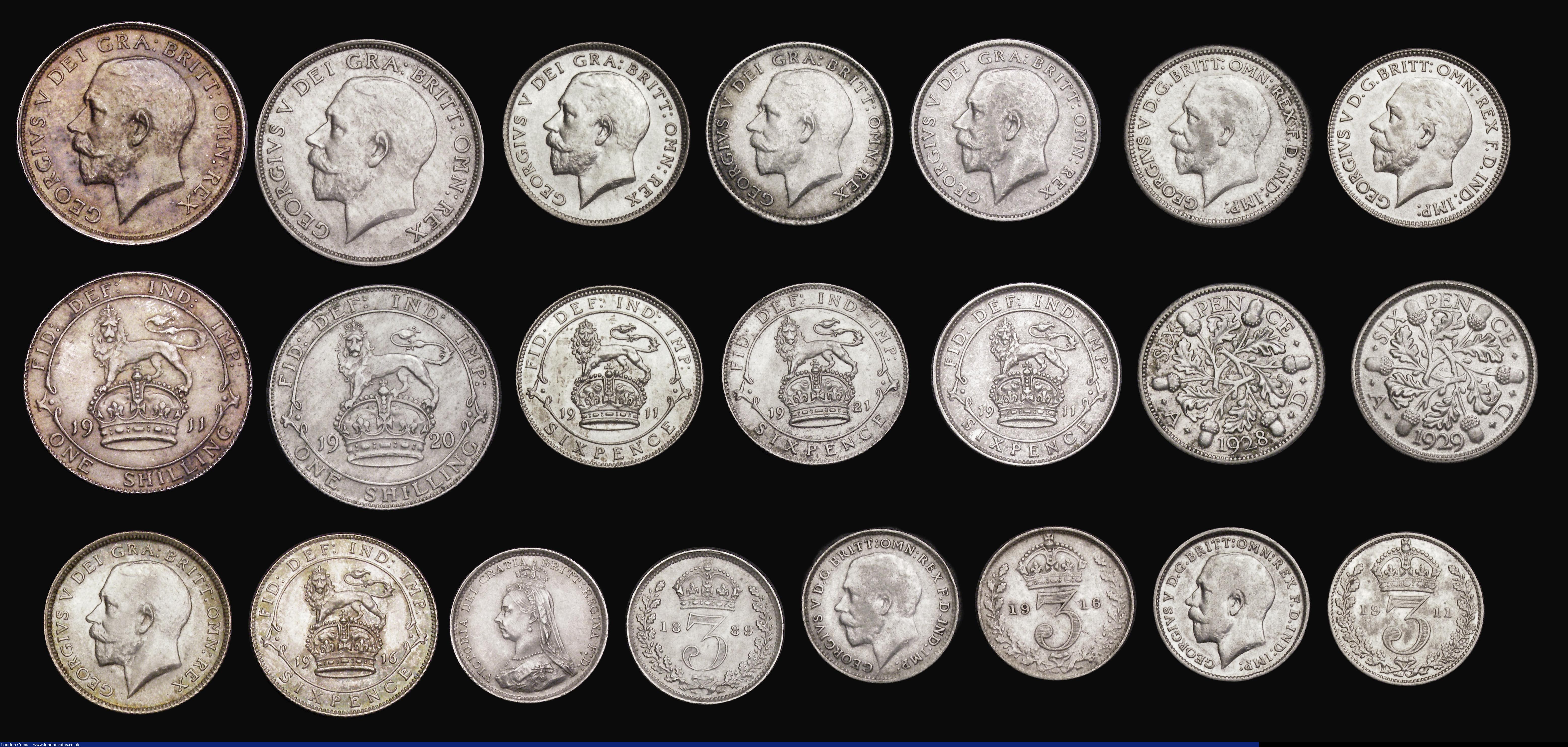 London Coins : A193 : Lot 2133 : Halfcrowns to Threepences (21) comprising Halfcrowns (6) 1920 Bright Finish ESC 767, Davies 1672, di...