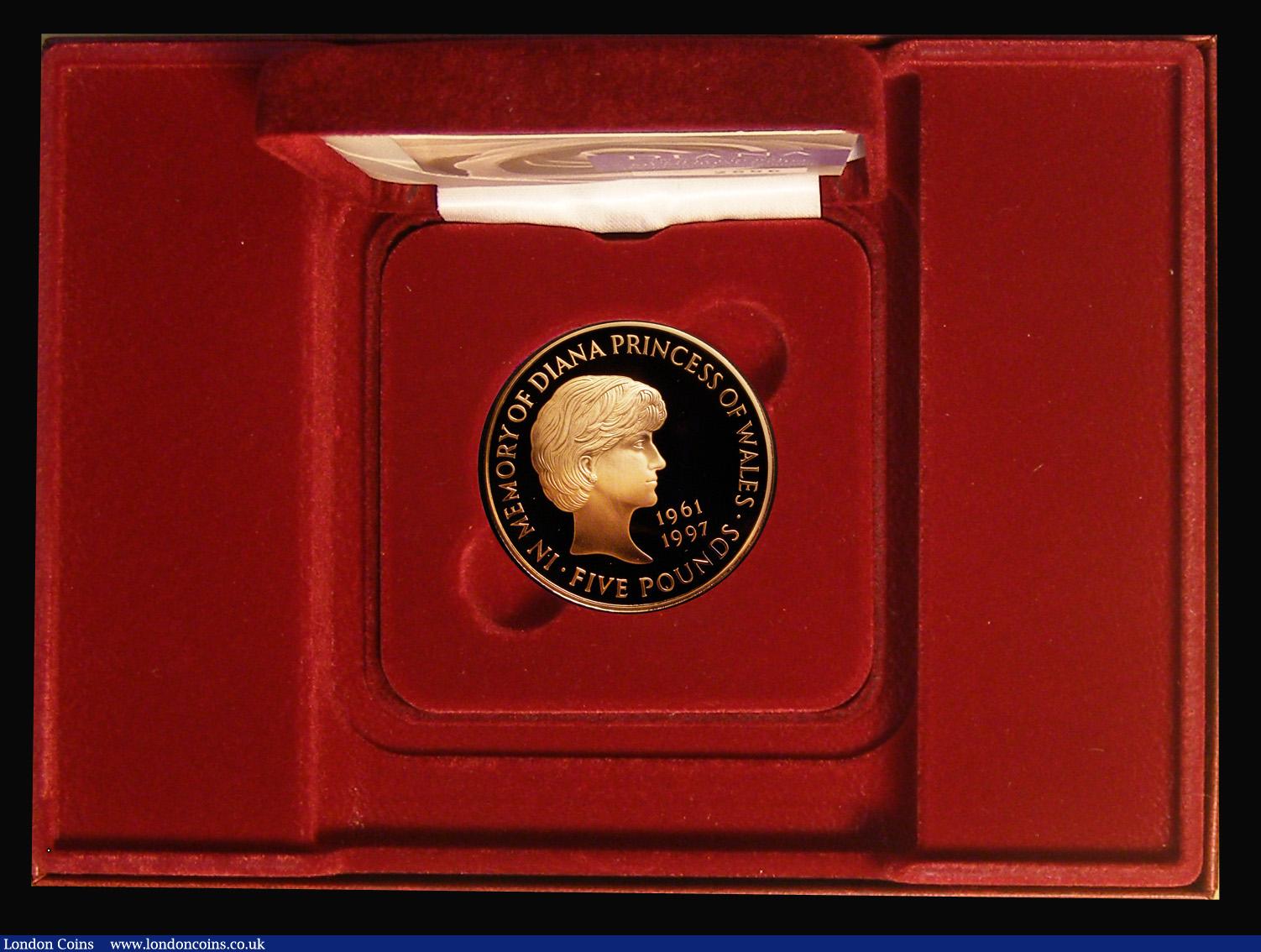 London Coins : A193 : Lot 218 : Five Pound Crown 1999 Diana Memorial Gold Proof FDC cased as issued with certificate and booklet