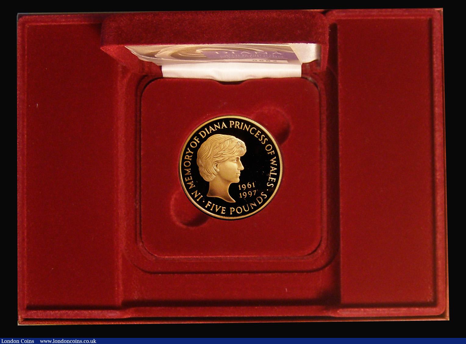 London Coins : A193 : Lot 219 : Five Pound Crown 1999 Diana Memorial Gold Proof FDC cased as issued with certificate and booklet