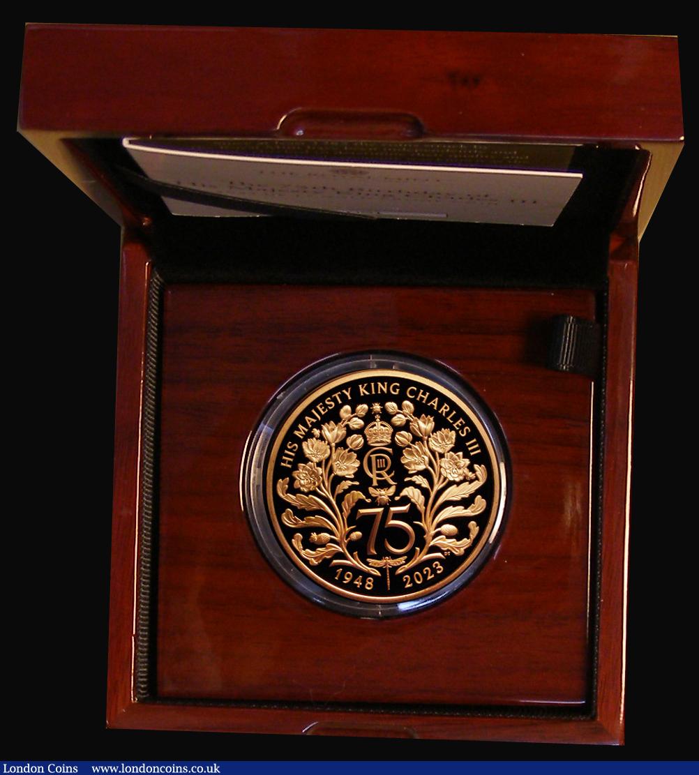 London Coins : A193 : Lot 230 : Five Pounds 2023 King Charles III 75th Birthday Gold Proof, a new reverse design featuring the Crown...