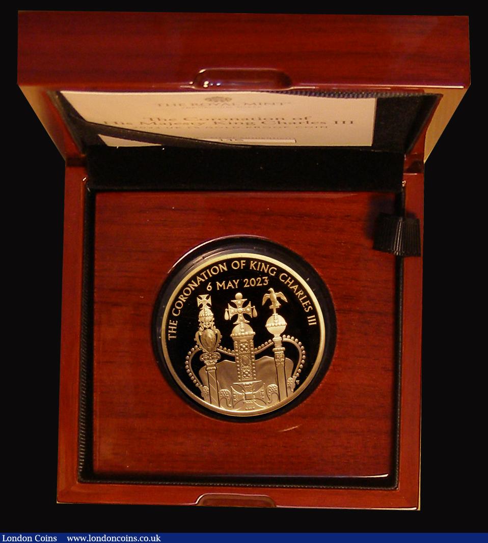 London Coins : A193 : Lot 232 : Five Pounds 2023 King Charles III Coronation Gold Proof, Obverse: Crowned head of Charles III, Rever...