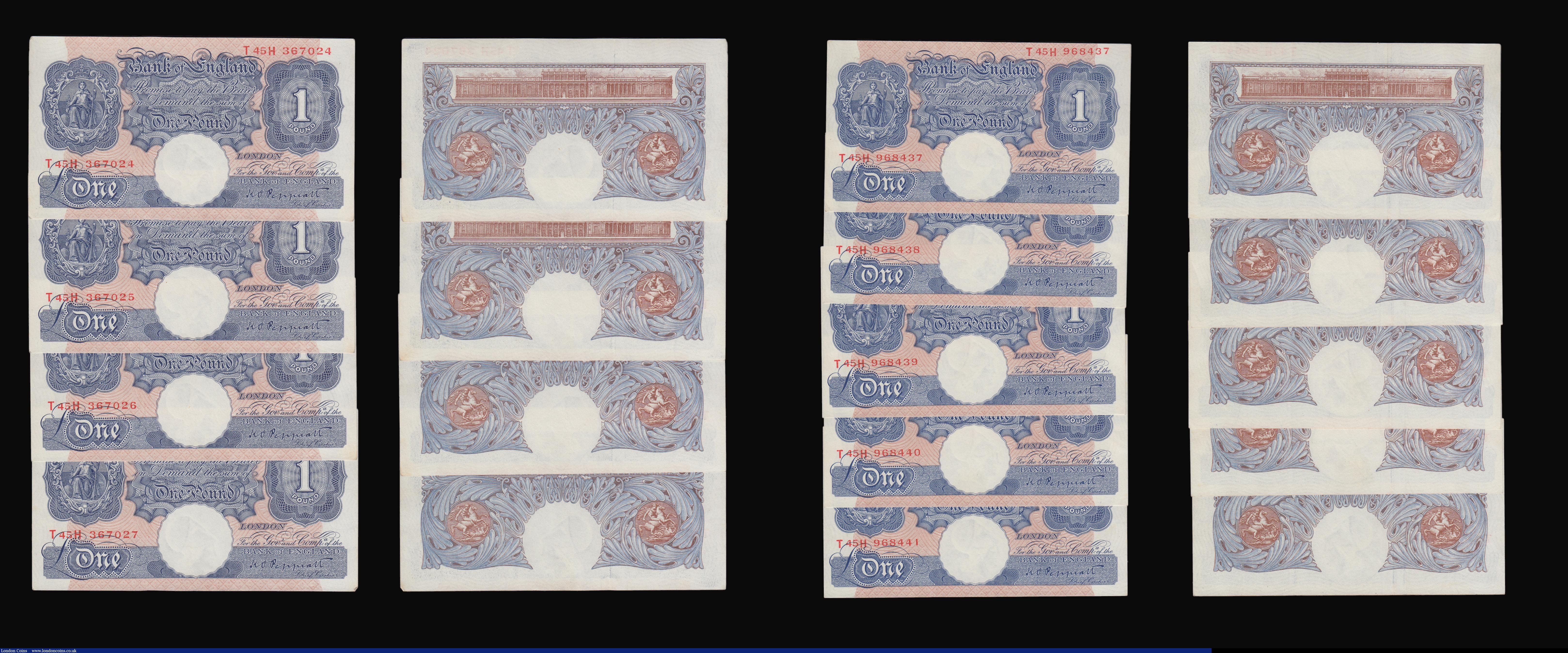 London Coins : A193 : Lot 24 : One Pound Peppiatt Blue 1940-1948 B249 (18) being 4 consecutive groups (2 runs of 5 and 2 runs of 4)...