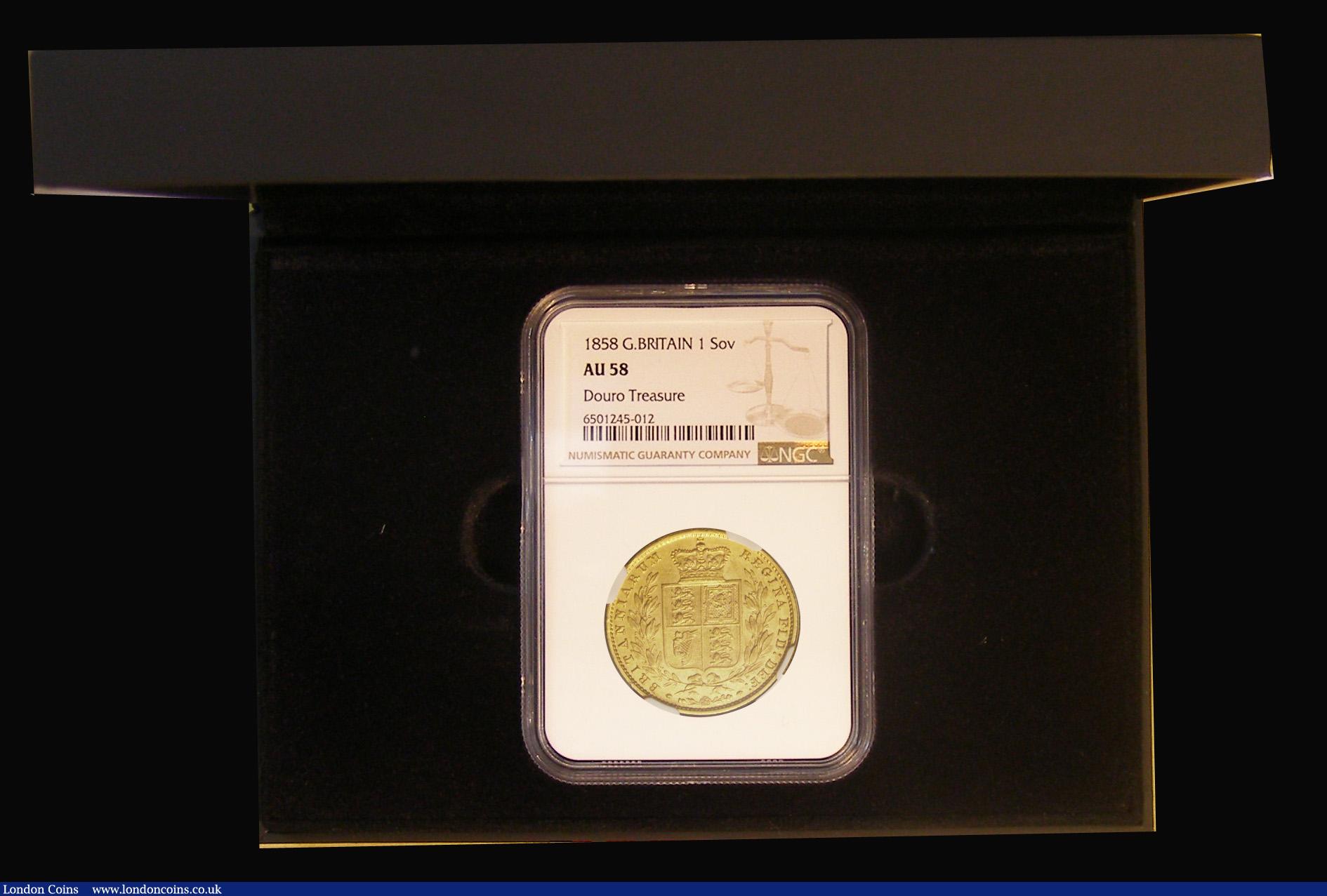 London Coins : A193 : Lot 277 : Sovereign 1858 Marsh 41 from the Shipwreck Douro, in an NGC Holder at NGC 58 "Douro Treasure&qu...