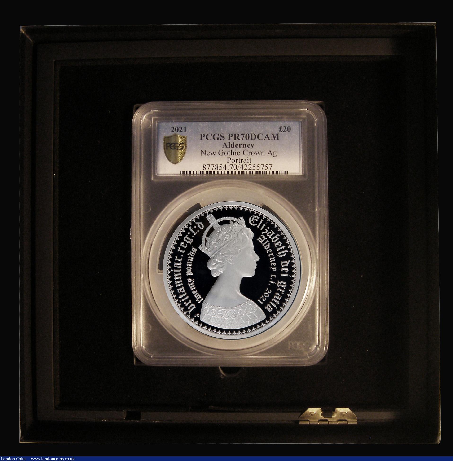 London Coins : A193 : Lot 356 : Alderney Twenty Pounds 2021 New Gothic Crown Portrait 10 Ounces Silver Proof in a PCGS Holder at PR7...