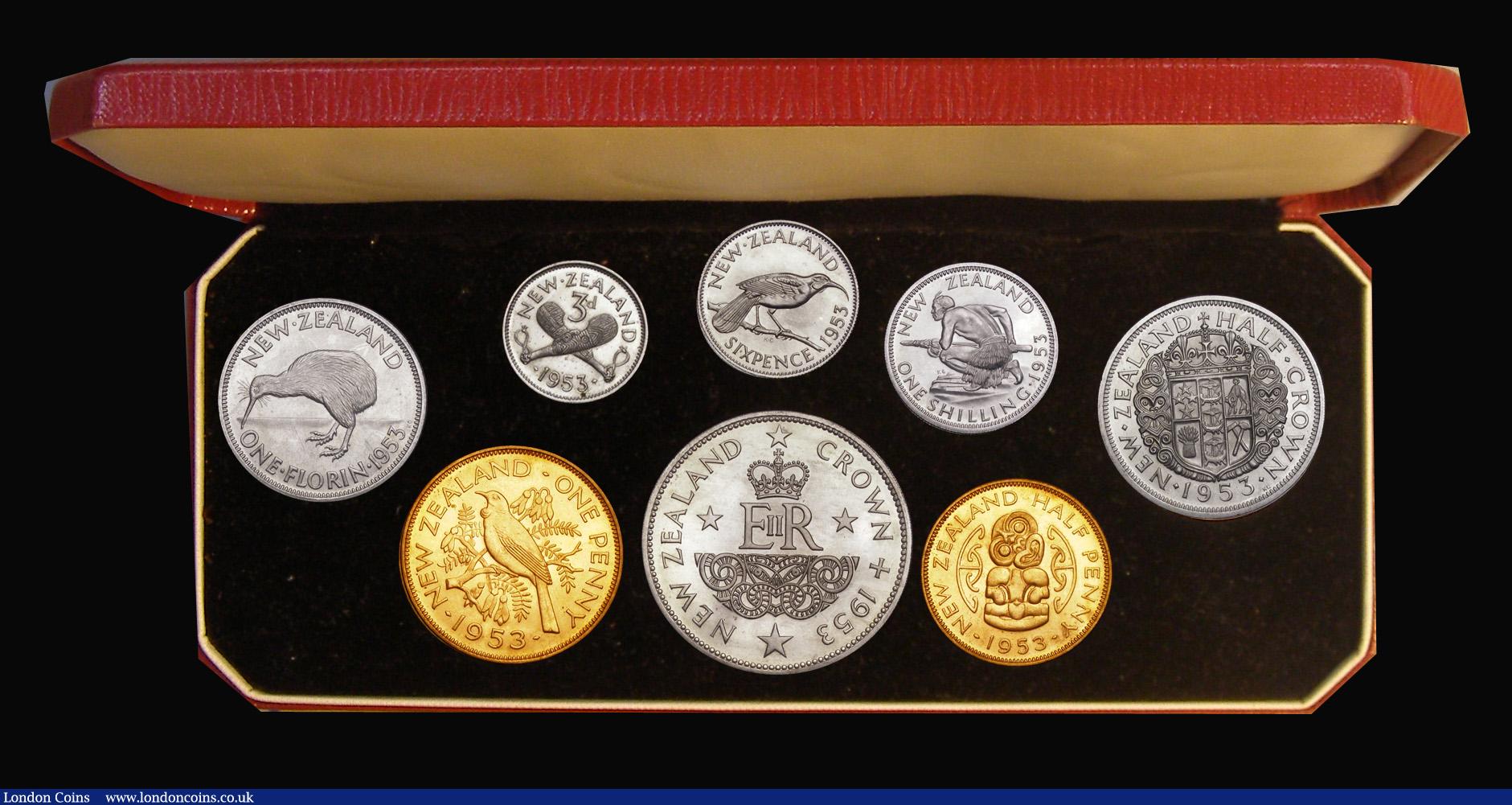 London Coins : A193 : Lot 418 : New Zealand Proof Set 1953 Crown to Halfpenny (8 coins) KM#PS6 nFDC to FDC with some toning, in the ...
