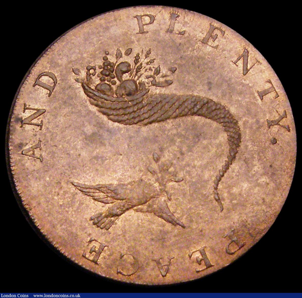 London Coins : A193 : Lot 482 : Halfpenny Norwich undated PEACE AND PLENTY, CURRENT EVERY WHERE on the edge D&H 26 AU-UNC with l...