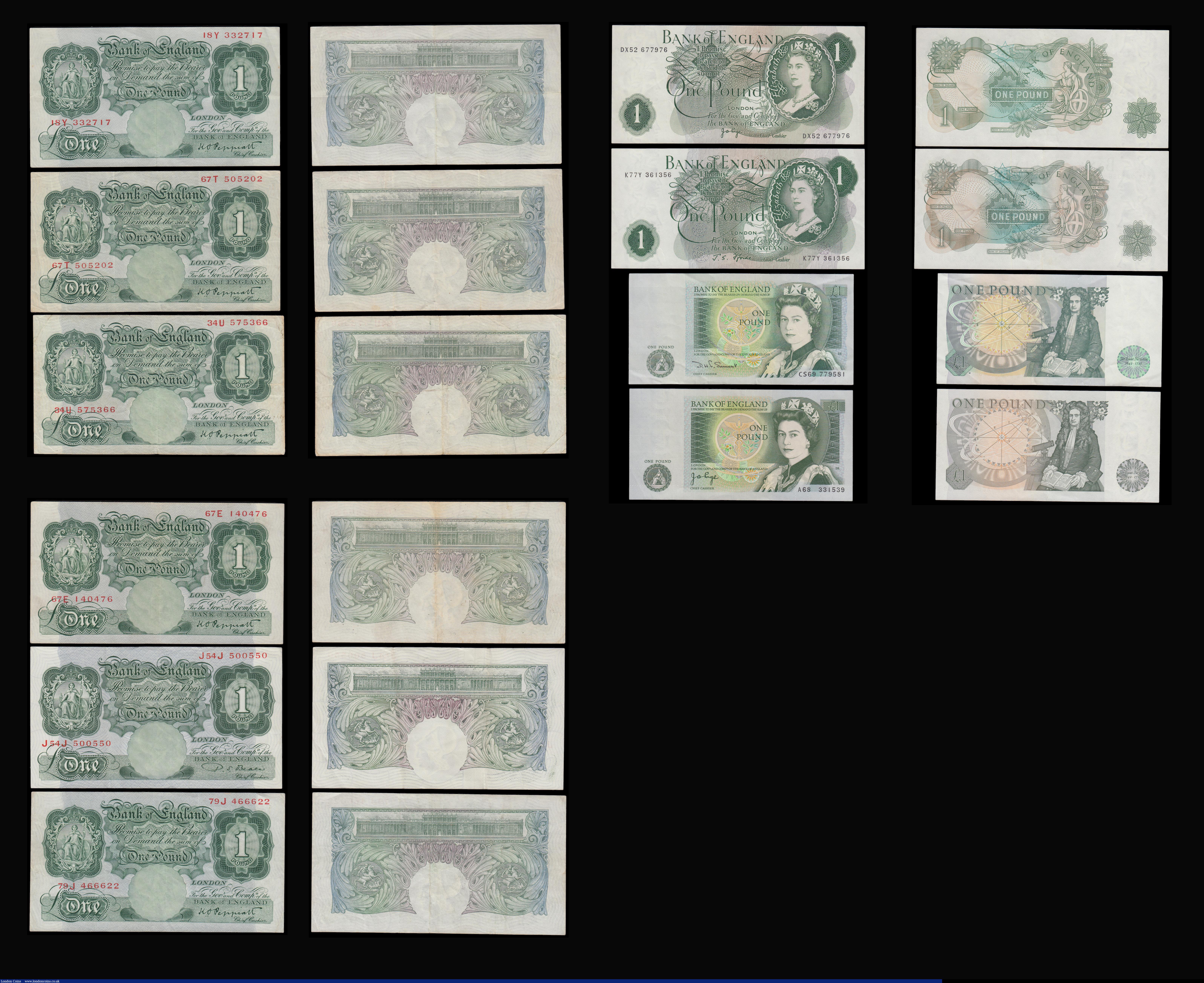 London Coins : A193 : Lot 54 : Ten Shillings QE II Portrait (10) Hollom B295 (1) and Fforde B309 (9) VF-EF. One Pound Peppiatt 1934...