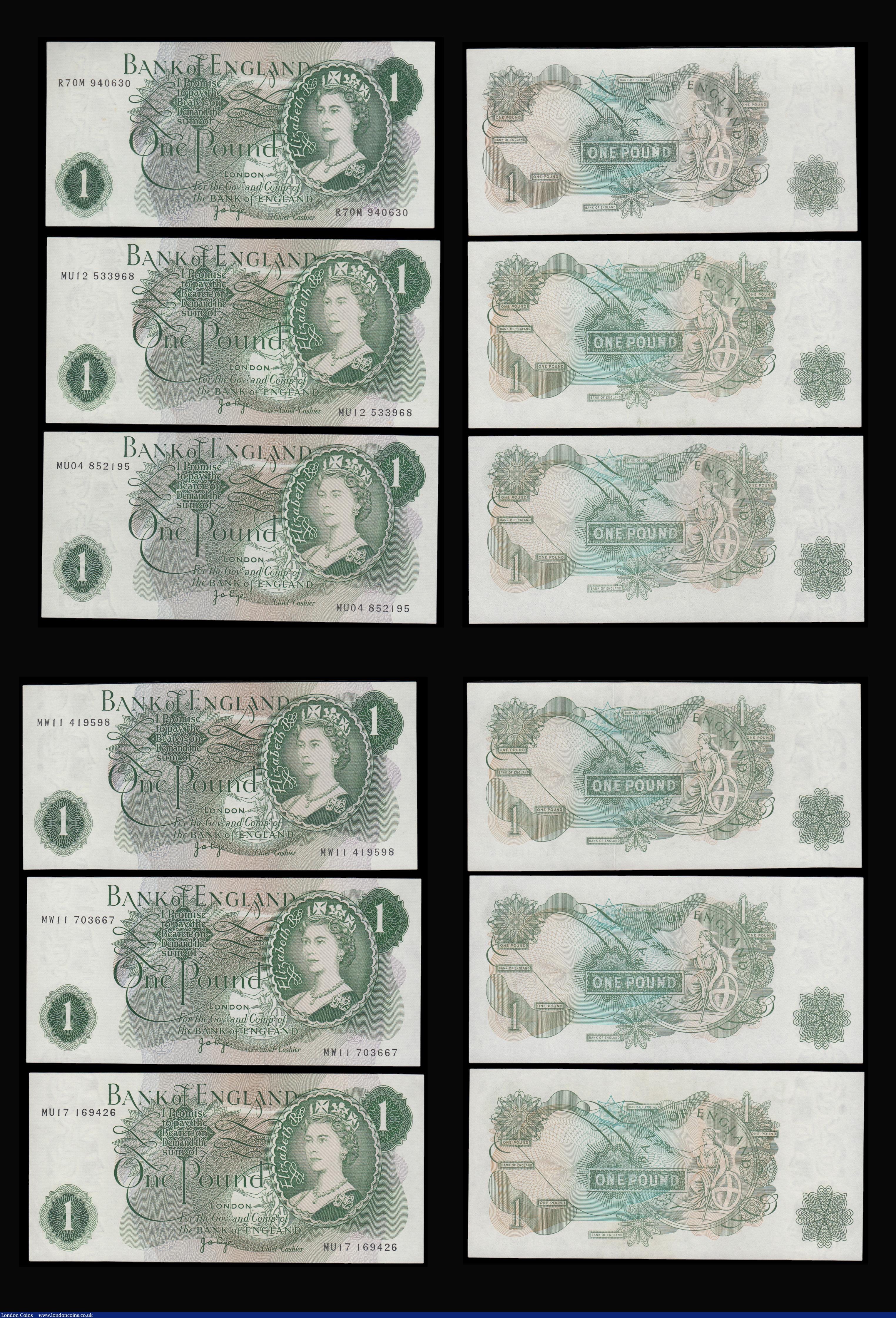 London Coins : A193 : Lot 61 : Replacements (9) One Pound Page B321 prefix R70M, X08M, B323 prefix MU04, MU12, MU17, MW11 (2) MW18 ...