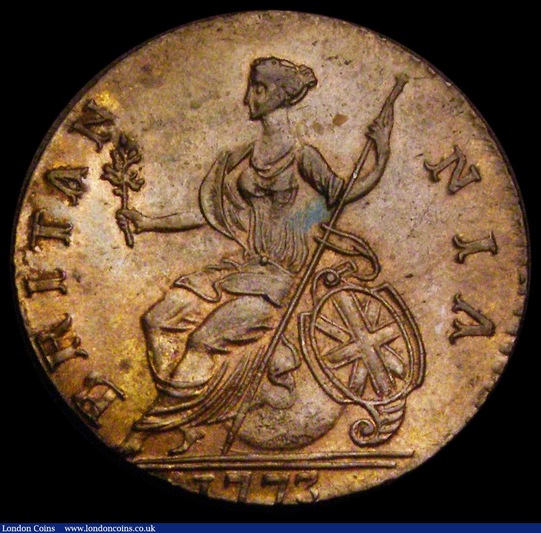 London Coins : A193 : Lot 648 : Evasion Halfpenny 1773 practically as stuck and a series where high grade examples are rarely seen 