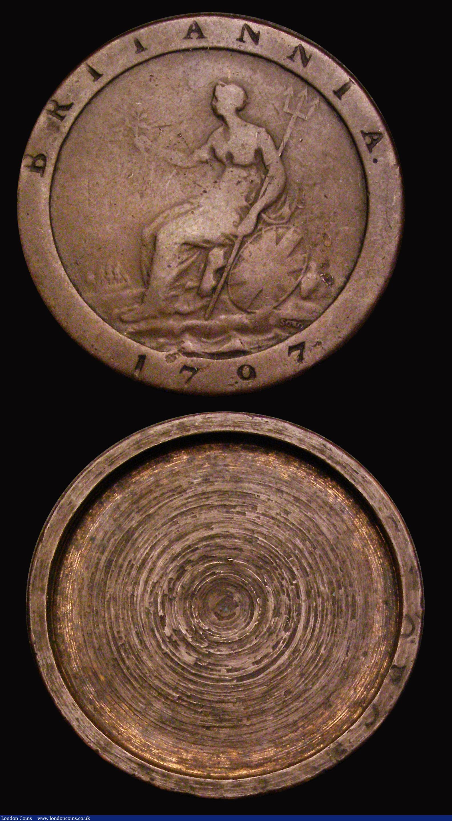 London Coins : A193 : Lot 663 : Smuggler's Box, Penny 1797 hollowed into a smugglers box Good Fine and with a M or W countermar...