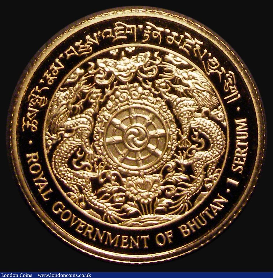 London Coins : A193 : Lot 692 : Bhutan Sertum 1979 Gold, Obverse: Obverse: Crowned Bust left, Reverse: Two Dragons around an inner c...